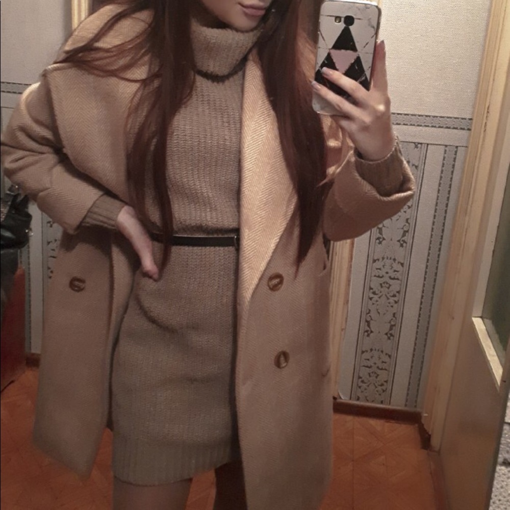 Tan Cold Shoulder Knit Turtleneck Sweater Dress - Picture 2 of 7
